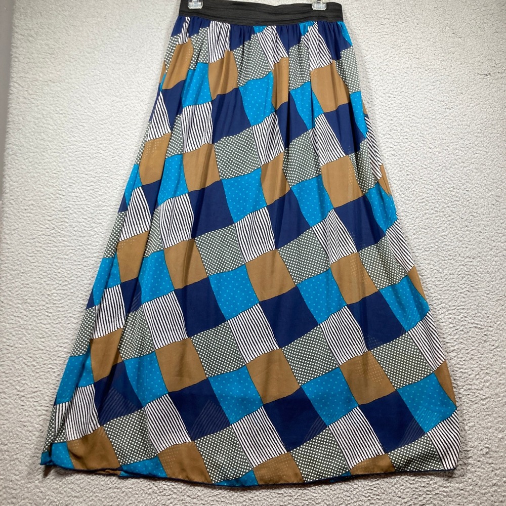 Catch My I Maxi Skirt Womens Large Blue Patchwork Geometric Polka Dot Striped
